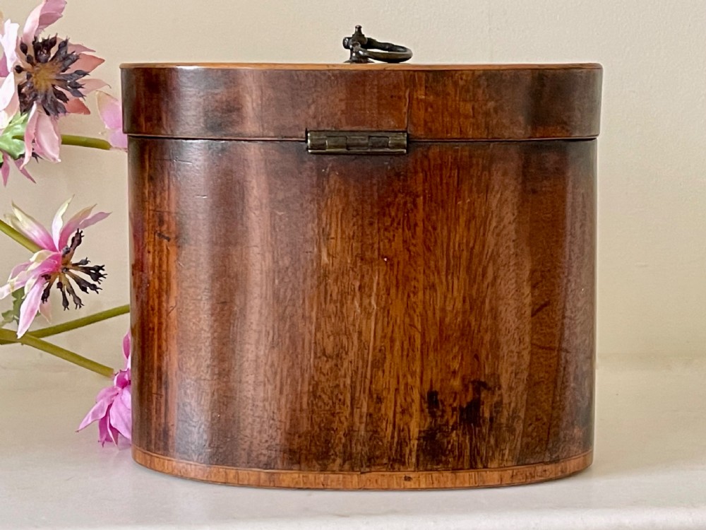 An eighteenth-century Georgian oval mahogany tea caddy featuring polished grain, a bone keyhole escutcheon, and a brass ring handle on the hinged top. View II