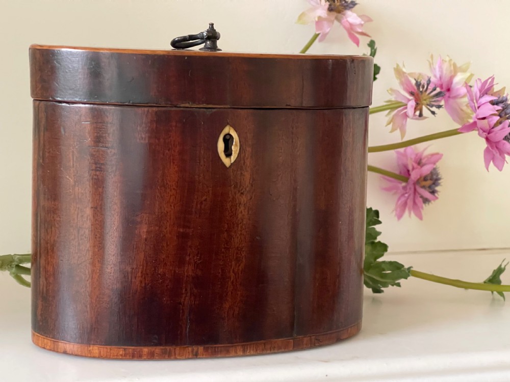 An eighteenth-century Georgian oval mahogany tea caddy featuring polished grain, a bone keyhole escutcheon, and a brass ring handle on the hinged top. View VI