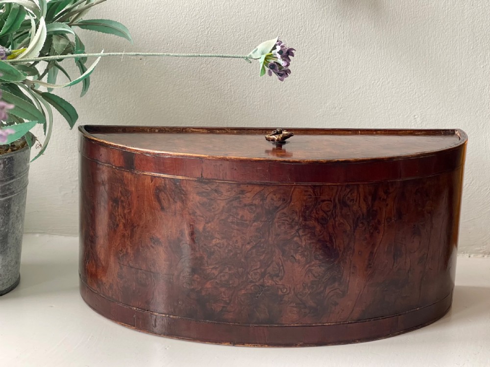 A Georgian semi-circular wooden box featuring highly figured burr wood veneer and a top brass finial.