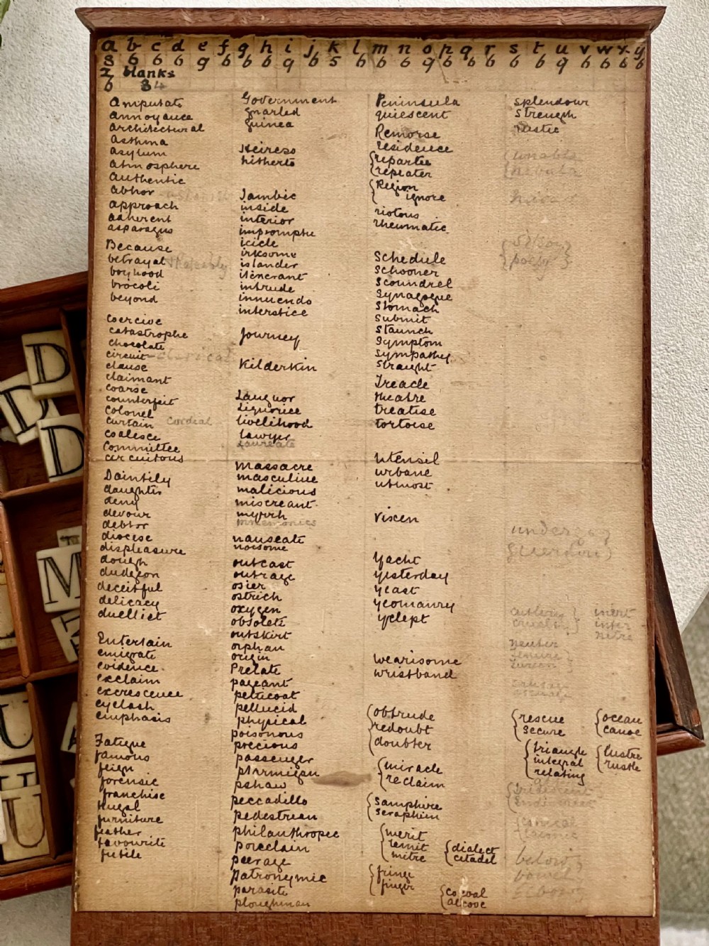 A Victorian mahogany alphabet box shown partially open, revealing a grid of compartments holding bone tiles with printed capital letters. View II