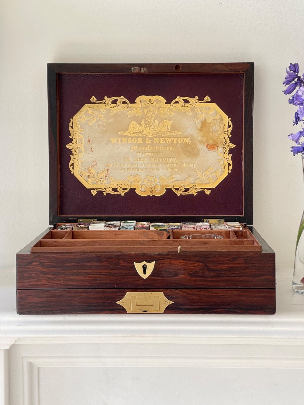 An Antique Rosewood Paint Box - Leather Inset with Embossed Label Winsor & Newton