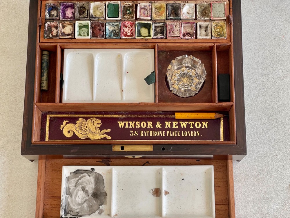 An Antique Rosewood Paint Box - Leather Inset with Embossed Label Winsor & Newton View II