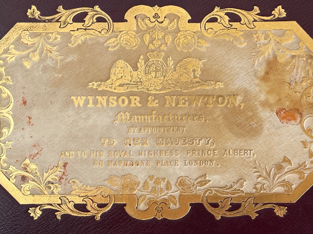 An Antique Rosewood Paint Box - Leather Inset with Embossed Label Winsor & Newton View V