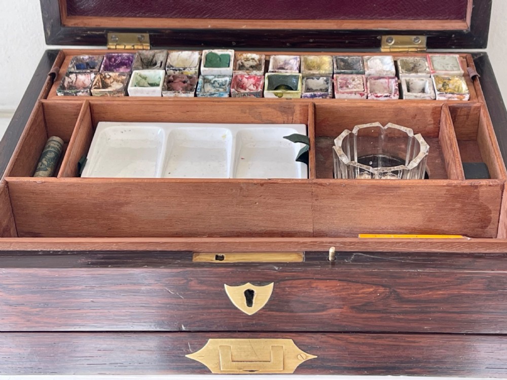 An Antique Rosewood Paint Box - Leather Inset with Embossed Label Winsor & Newton View VI