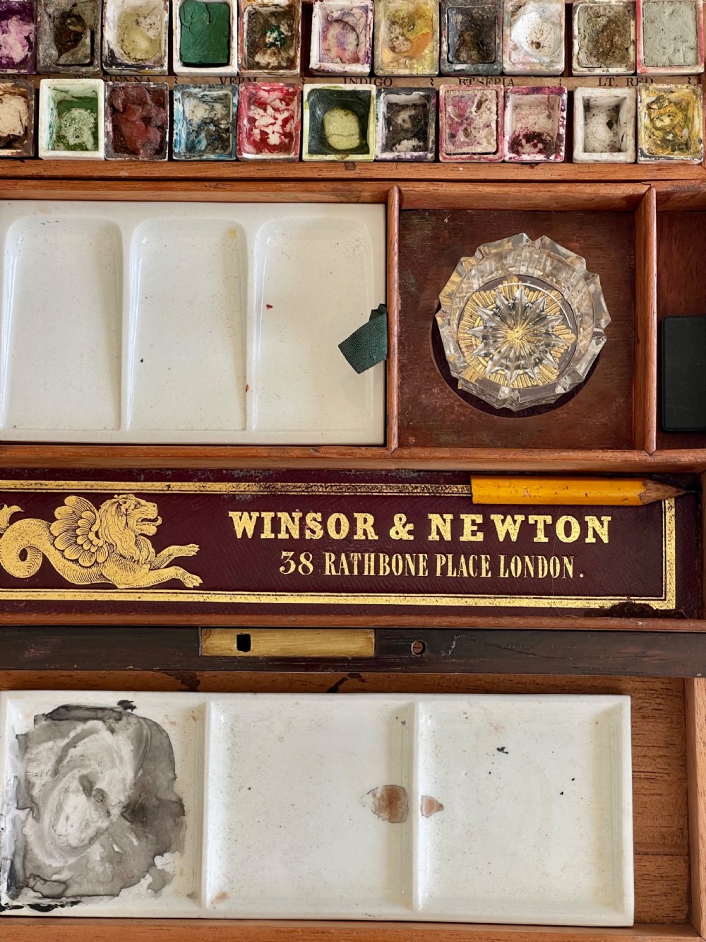 An Antique Rosewood Paint Box - Leather Inset with Embossed Label Winsor & Newton View VIII