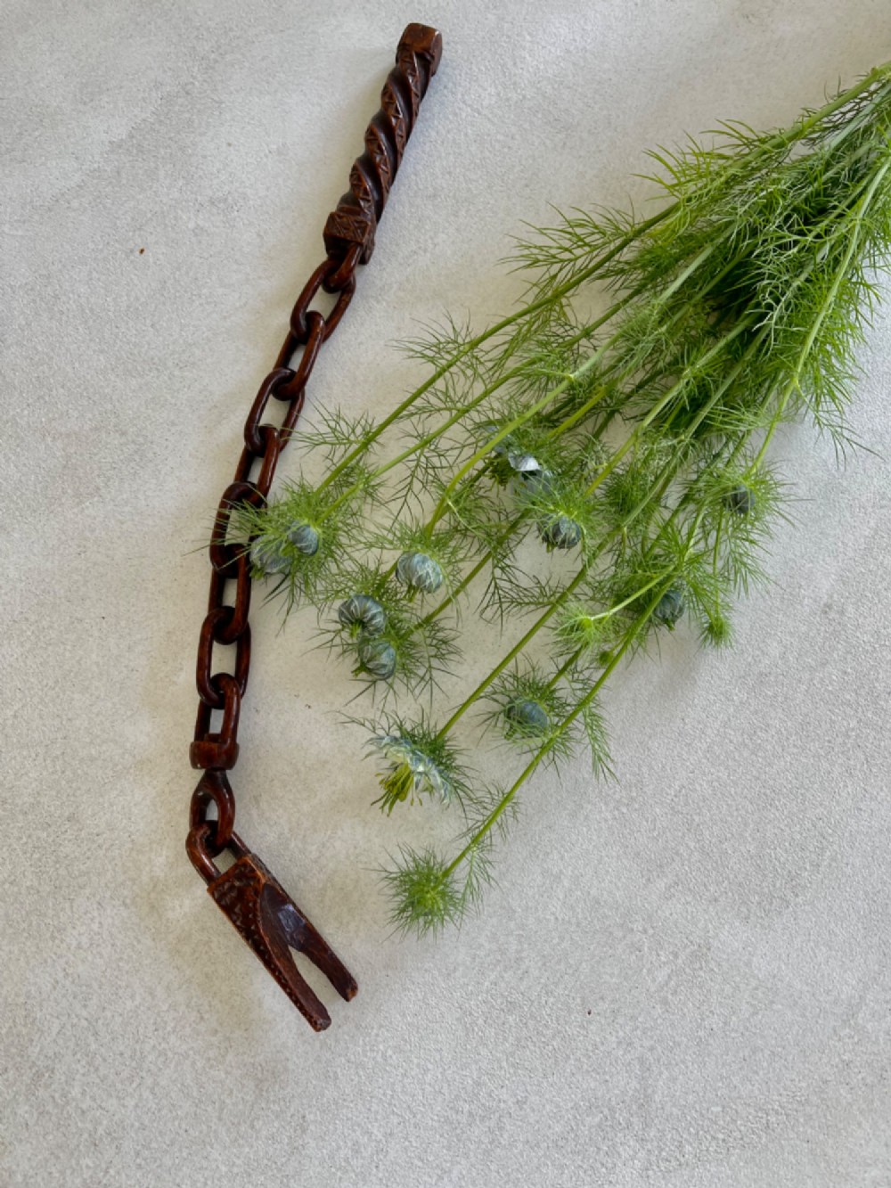 Antique Treen Knitting Sheath - with chain, swivel link and pronged hooks