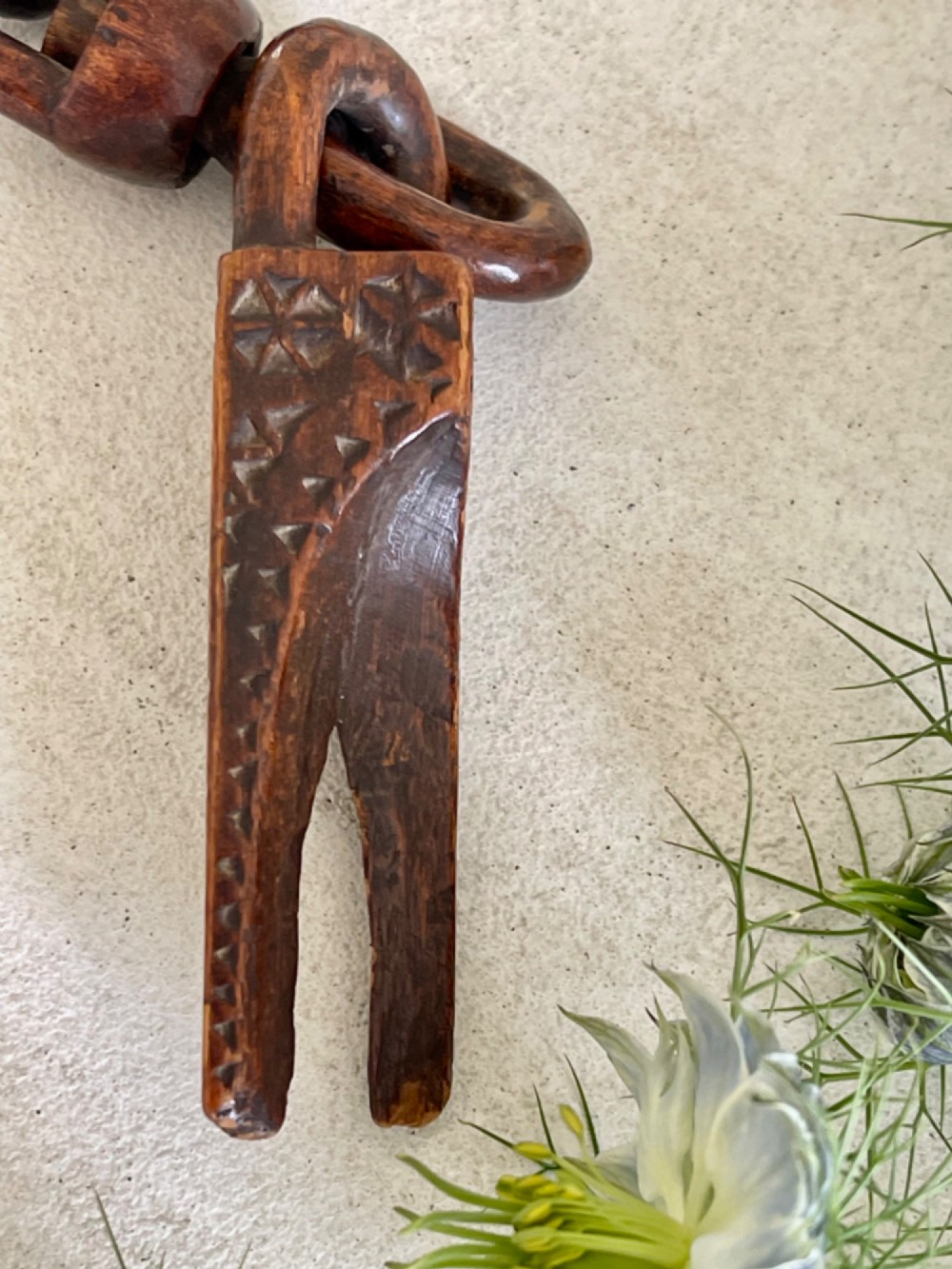 Antique Treen Knitting Sheath - with chain, swivel link and pronged hooks View II
