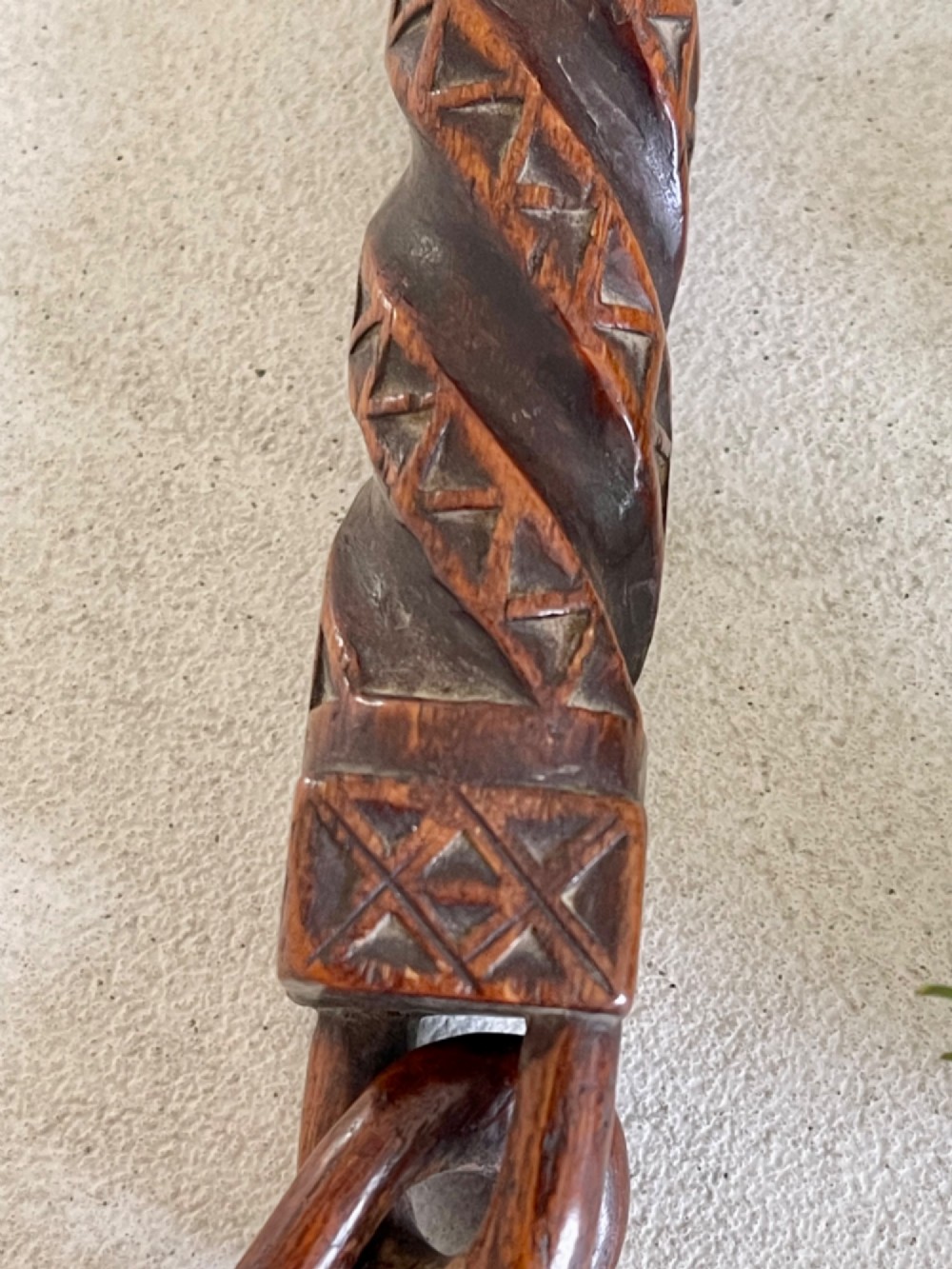 Antique Treen Knitting Sheath - with chain, swivel link and pronged hooks View V
