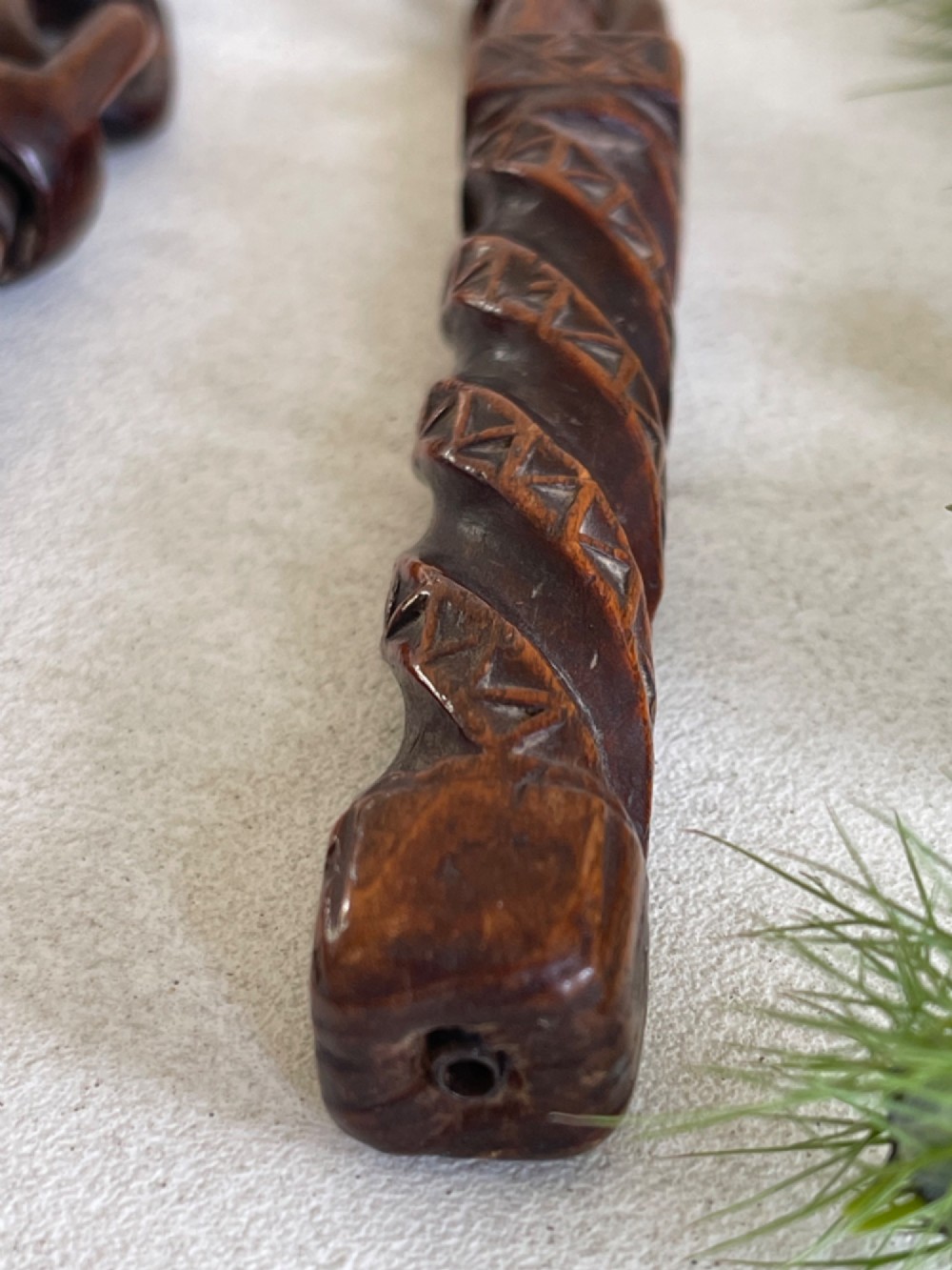 Antique Treen Knitting Sheath - with chain, swivel link and pronged hooks View VII