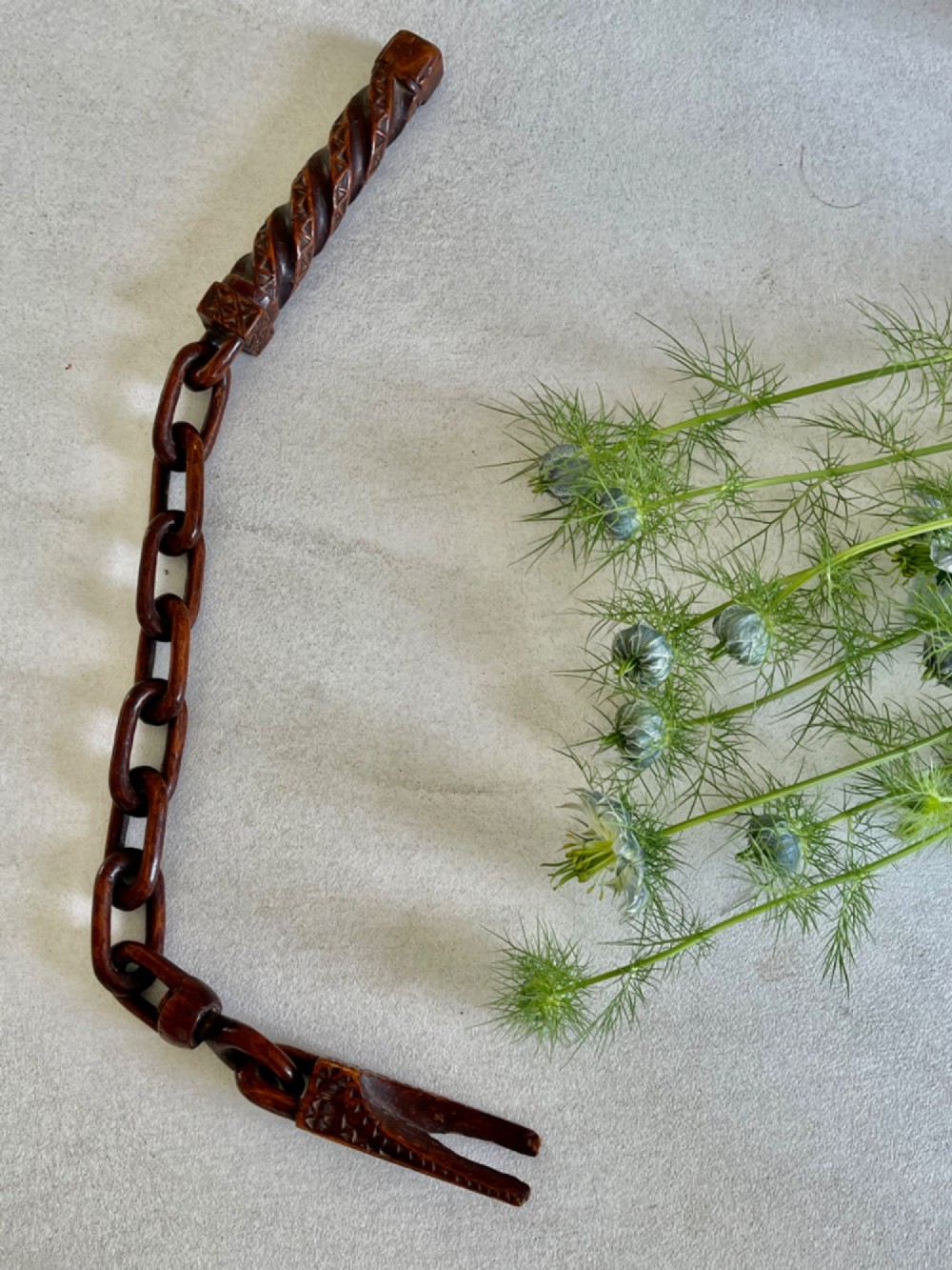Antique Treen Knitting Sheath - with chain, swivel link and pronged hooks View VIII