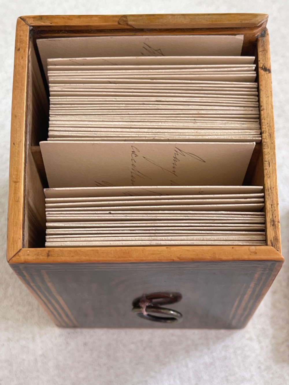 An Antique Tunbridge Ware Box - Wise Manufactory Label & Hand Written Cards Inside View II
