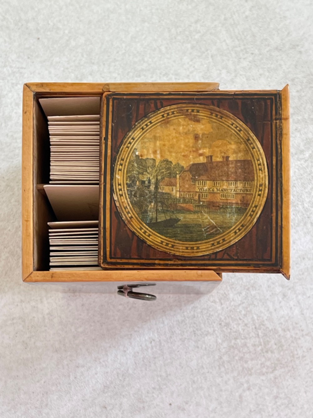 An Antique Tunbridge Ware Box - Wise Manufactory Label & Hand Written Cards Inside View VIII