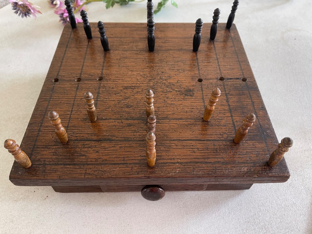 An Antique Nine Men's Morris Game - complete with pegs, drawer for storage View IV