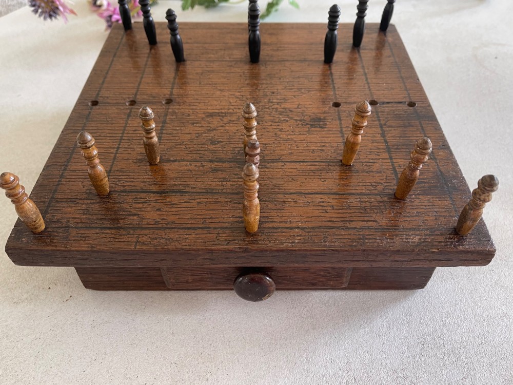 An Antique Nine Men's Morris Game - complete with pegs, drawer for storage View VI