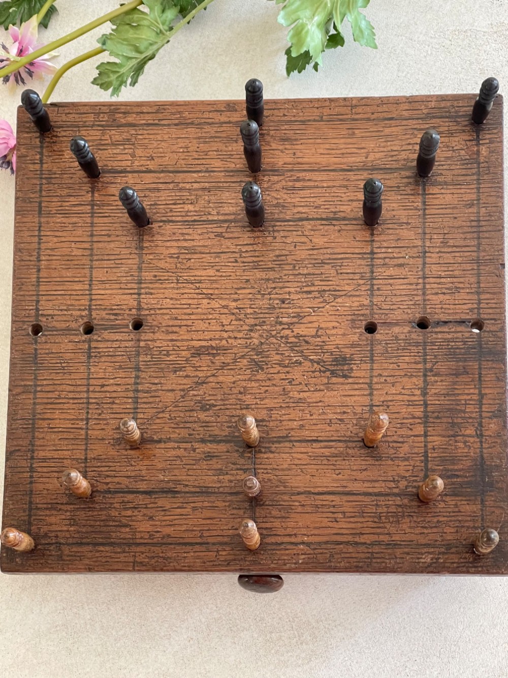 An Antique Nine Men's Morris Game - complete with pegs, drawer for storage View VII