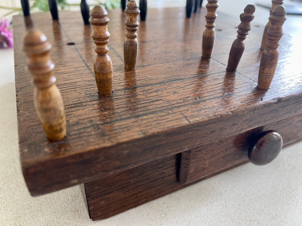 An Antique Nine Men's Morris Game - complete with pegs, drawer for storage View IX