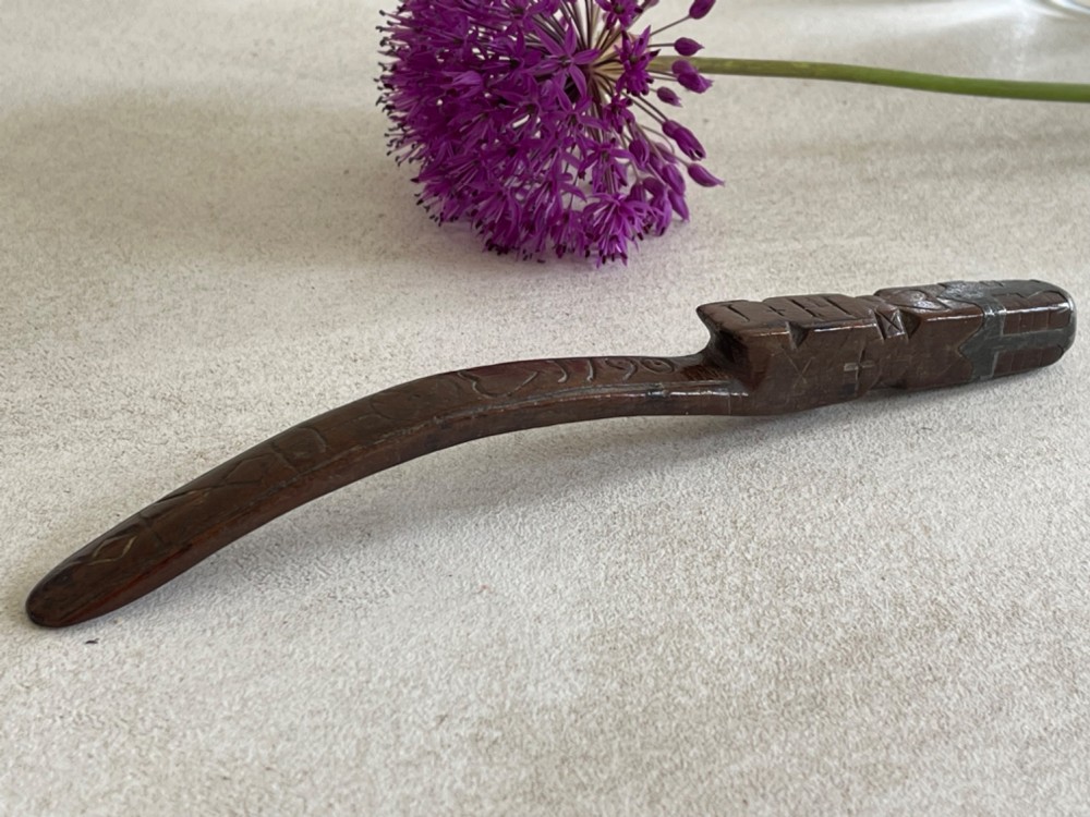 An Antique Treen Knitting Sheath - dated, hearts, diamonds and pewter inlay decoration