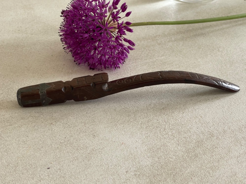 An Antique Treen Knitting Sheath - dated, hearts, diamonds and pewter inlay decoration View II