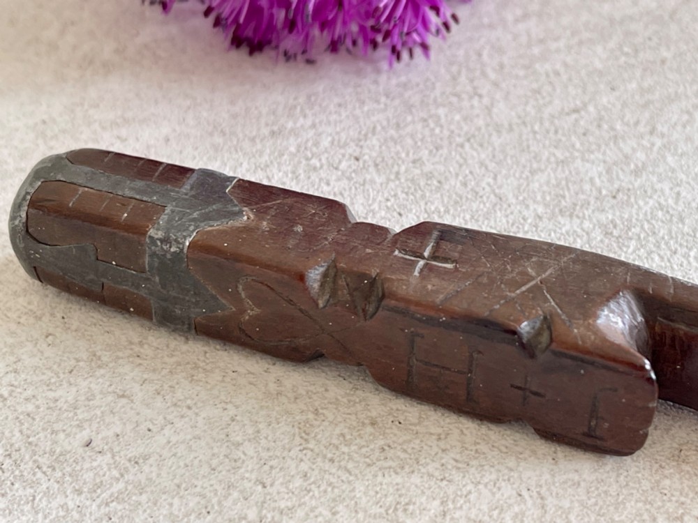 An Antique Treen Knitting Sheath - dated, hearts, diamonds and pewter inlay decoration View III