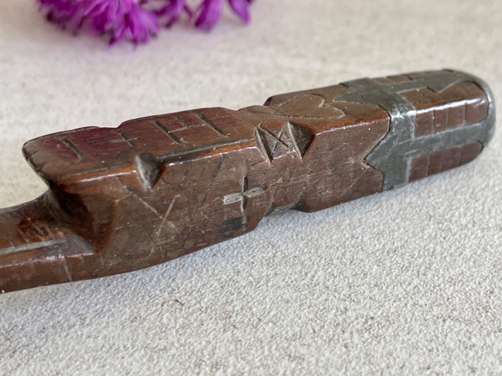 An Antique Treen Knitting Sheath - dated, hearts, diamonds and pewter inlay decoration View IV
