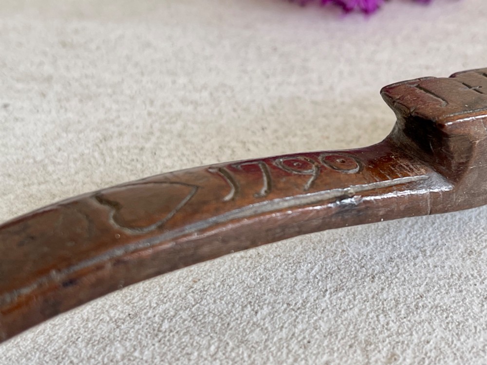 An Antique Treen Knitting Sheath - dated, hearts, diamonds and pewter inlay decoration View VI