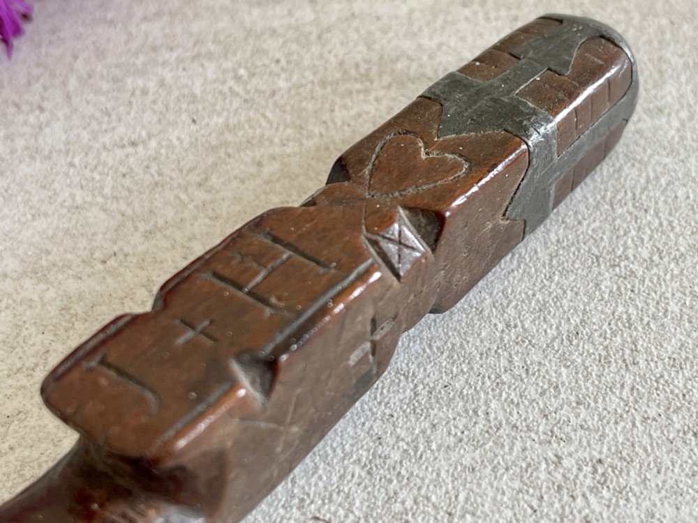 An Antique Treen Knitting Sheath - dated, hearts, diamonds and pewter inlay decoration View IX