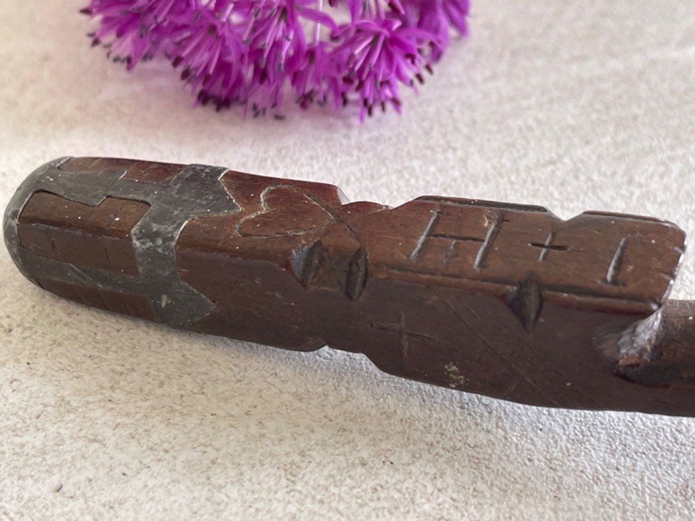 An Antique Treen Knitting Sheath - dated, hearts, diamonds and pewter inlay decoration View X