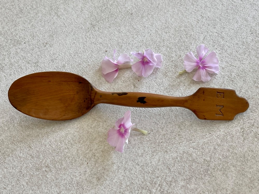 A Small Antique Treen Welsh Spoon - with initials EM