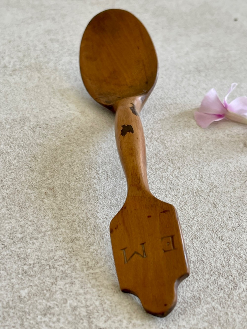 A Small Antique Treen Welsh Spoon - with initials EM View II