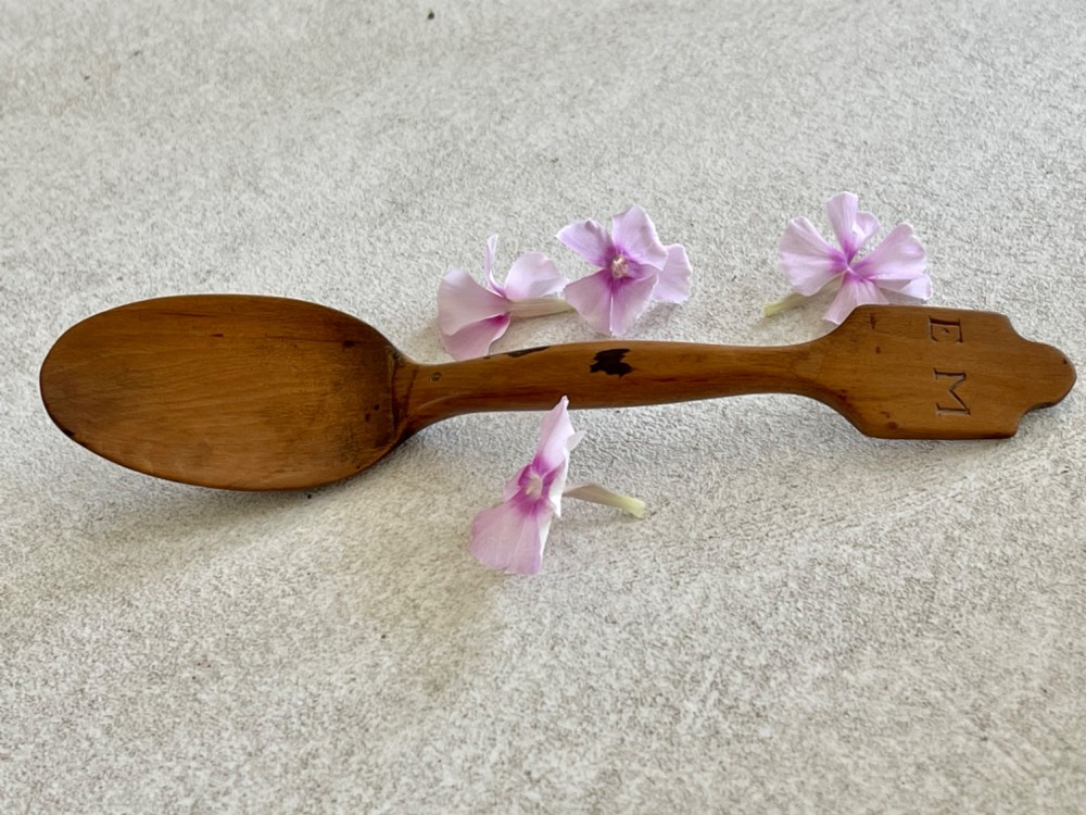 A Small Antique Treen Welsh Spoon - with initials EM View IV