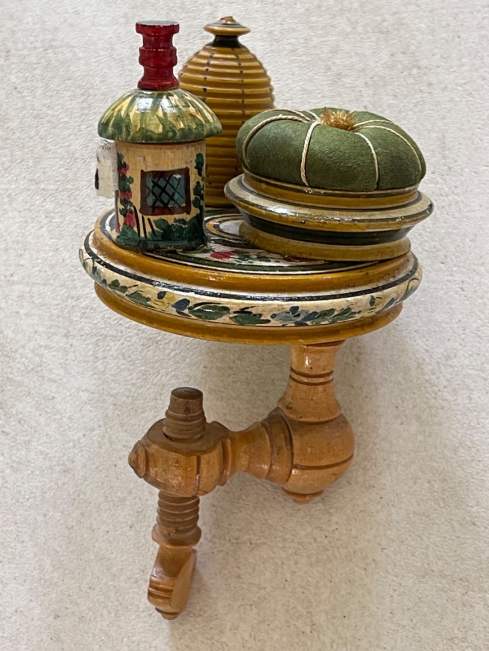 A Tunbridge Ware Sewing Clamp - with pin cushion, thimble case & tape measure