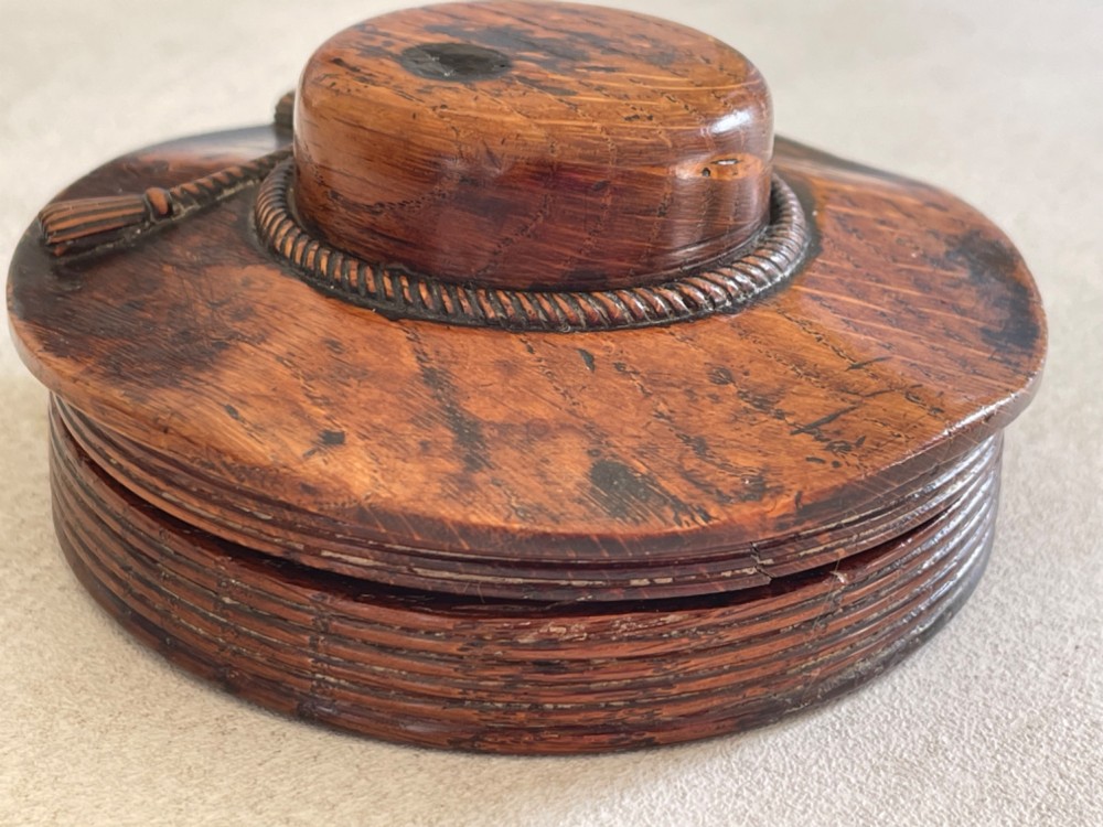 An Antique Treen Snuff Box - in the shape of a straw boater View II