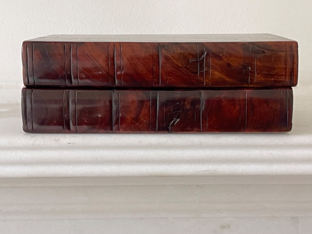 An antique dark polished wood box carved in the shape of two vertical book spines. View IV