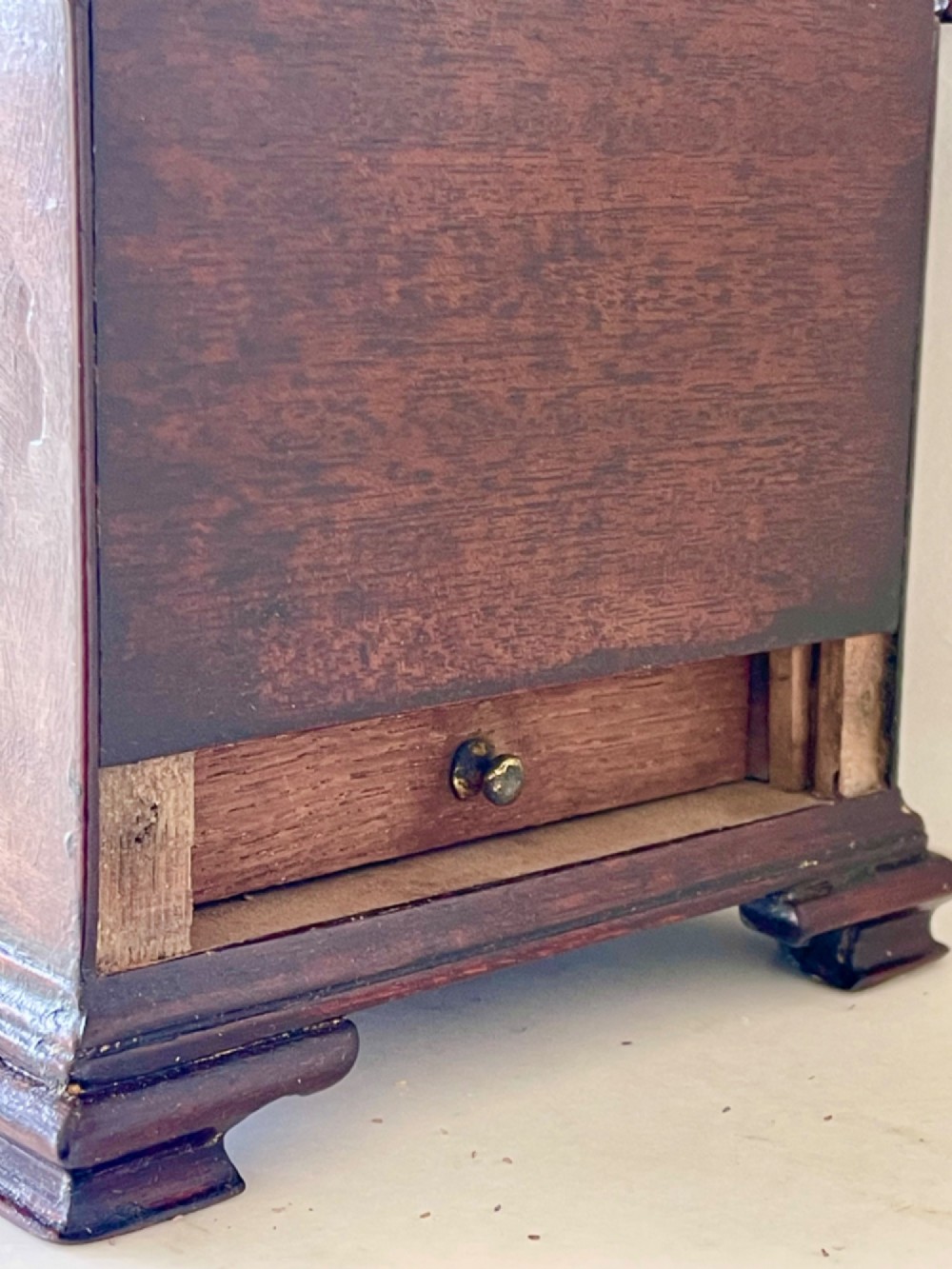 A Georgian dark mahogany tea chest with a stepped lid, brass top handle, ornamental brass escutcheon, and bracket feet. View IV