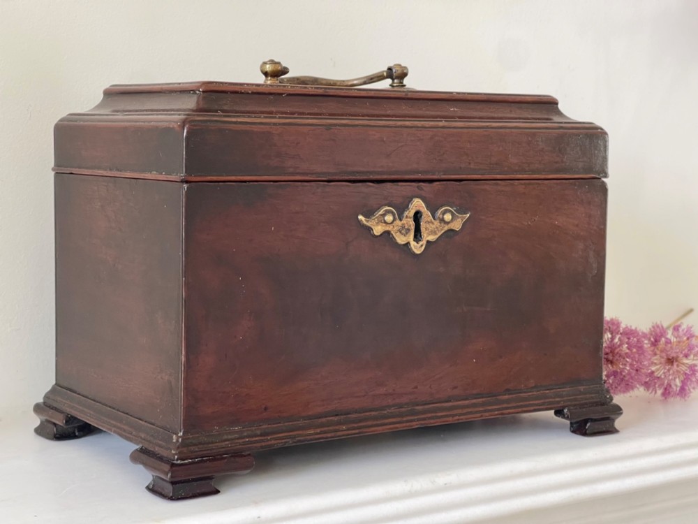 A Georgian dark mahogany tea chest with a stepped lid, brass top handle, ornamental brass escutcheon, and bracket feet. View VI