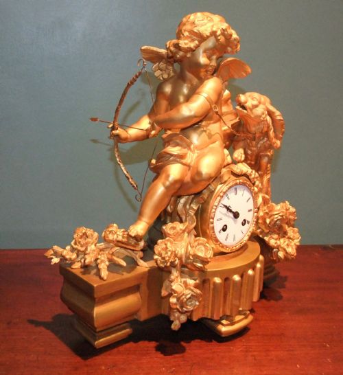GILT BRONZE MANTLE CLOCK BY PH MOUREY 'PUTTO WITH DOG' C1860 - ADDITIONAL PHOTO 1