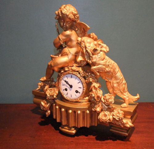 GILT BRONZE MANTLE CLOCK BY PH MOUREY 'PUTTO WITH DOG' C1860 - ADDITIONAL PHOTO 2