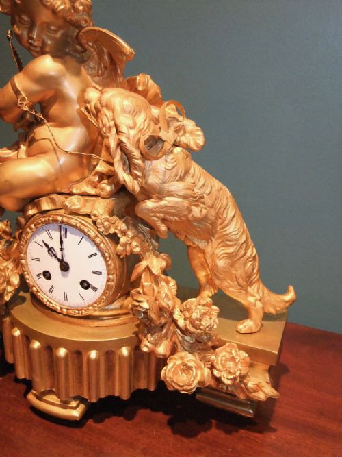 GILT BRONZE MANTLE CLOCK BY PH MOUREY 'PUTTO WITH DOG' C1860 - ADDITIONAL PHOTO 6