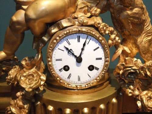 GILT BRONZE MANTLE CLOCK BY PH MOUREY 'PUTTO WITH DOG' C1860 - ADDITIONAL PHOTO 7