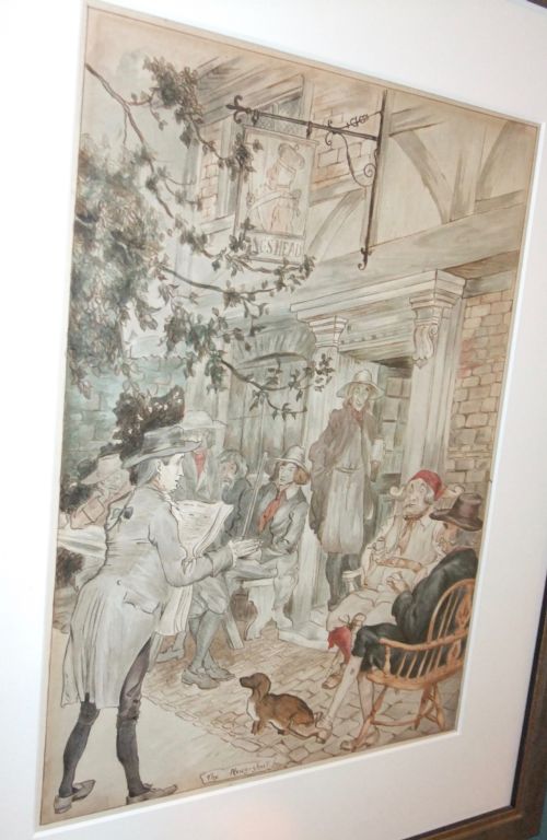 fig 1. A framed 19th-century pen and ink drawing depicting figures gathered outside a tavern reading a news-sheet, set within a white mount and a silver-grey frame.