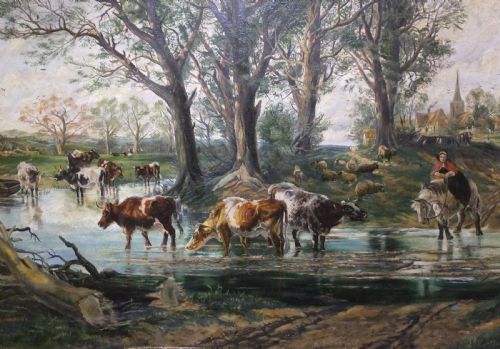 fig 1. A large 19th-century oil painting depicting cattle drinking at a shallow river ford beneath tall mature trees near a distant village.