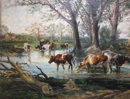 fig 3. A large 19th-century oil painting depicting cattle drinking at a shallow river ford beneath tall mature trees near a distant village.