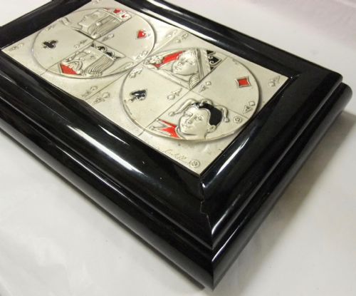RARE 1940'S ITALIAN SILVER ENAMEL BLACK LACQUER POKER GAME BOX - ADDITIONAL PHOTO 3