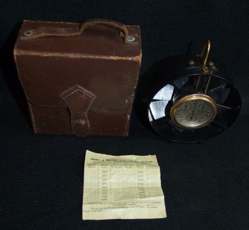 fig 1. A circular brass and black metal anemometer with fan blades and a multi-dial face, displayed alongside its fitted brown leather carrying case.