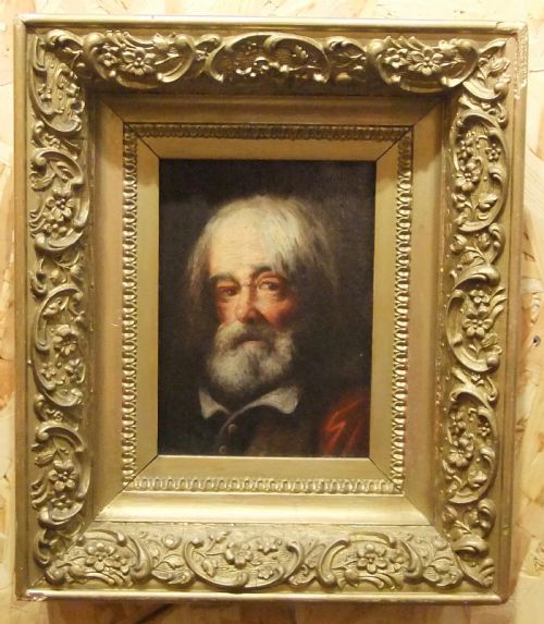 fig 1. An antique oil painting depicting an elderly man with a full grey beard and white hair set against a dark background.