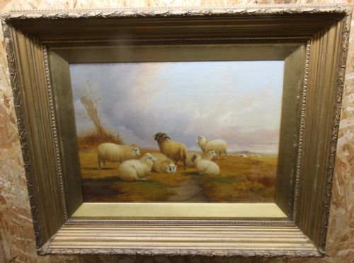 fig 1. A nineteenth-century pastoral oil painting depicting a flock of sheep and a horned ram resting in an open field under a cloudy sky.