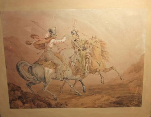 fig 1. An 1822 French watercolour painting on paper depicting two mounted hussars engaged in combat on horseback.