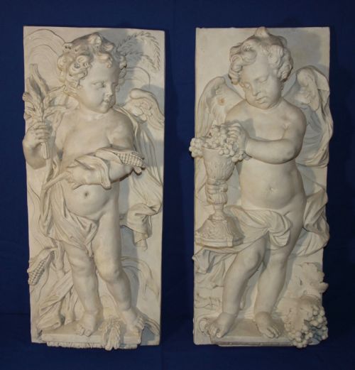 Large Pair of 18th C. Plaster Cast Winged Cherubs Wall Friezes C.1780
