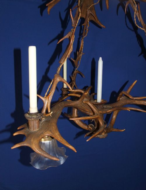 ANTIQUE RED ROE DEER ANTLER TRIANGLE CHANDELIER C 1930'S - ADDITIONAL PHOTO 5