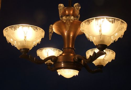 ART DECO EZANVILLE EZAN FRANCE COPPER AND GLASS CHANDELIER BY JEAN GAUTHIER C1930 - ADDITIONAL PHOTO 2